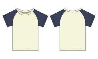 Short sleeve Raglan T shirt technical fashion flat sketch vector Illustration template front, back views isolated Off white Background. Basic apparel Design Mock up.