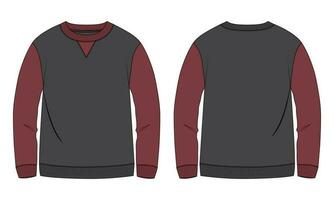 Two tone color Long sleeve Sweatshirt technical fashion flat sketch vector illustration template front and back views. Fleece jersey sweatshirt sweater jumper for men's and boys.