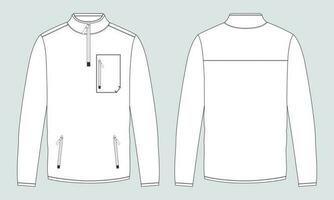 Long sleeve jacket with pocket and zipper technical fashion flat sketch vector illustration template front and back views. Fleece jersey sweatshirt jacket for men's and boys.