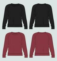 Long sleeve sweatshirt technical drawing fashion flat sketch vector illustration black and Red color template front and back views