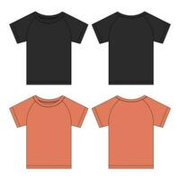 Short sleeve raglan t shirt black and orange color vector illustration template front and back views isolated on white background