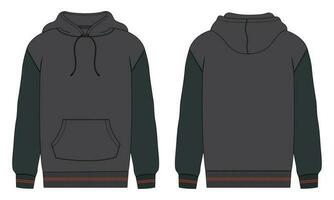 Two tone color Long sleeve hoodie vector illustration template front and back views