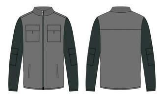 Two tone color Long sleeve jacket with pocket and zipper technical fashion flat sketch vector illustration template front and back views. Fleece jersey sweatshirt jacket for men's and boys.