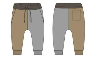 Fleece cotton jersey basic Sweat pant technical drawing fashion flat sketch template front and back views. Apparel jogger pants vector illustration mock up for kids and boys.