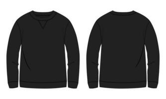 sleeve Sweatshirt technical fashion flat sketch vector illustration black color template front and back views. Fleece jersey sweatshirt sweater jumper for men's and boys.