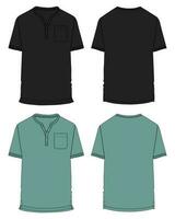 Short sleeve t shirt with pocket black and green color vector illustration template front and back views