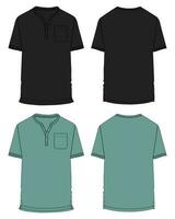 Short sleeve t shirt with pocket black and green color vector illustration template front and back views