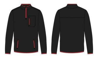 Long sleeve jacket with pocket and zipper vector illustration Black color template front and back views. Fleece jersey sweatshirt jacket for men's and boys.