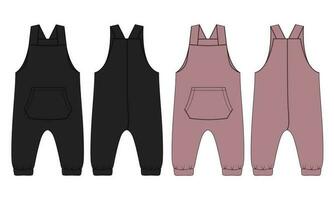All in one dungaree bodysuit technical drawing fashion flat sketch vector illustration black and khaki color template for kids