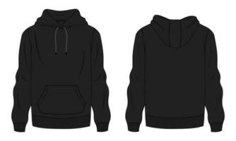 Long sleeve hoodie vector illustration black color template front and back views