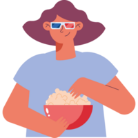 woman using 3d glasses eating pop corn png