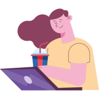 mujer usando laptop y bebiendo refrescos png