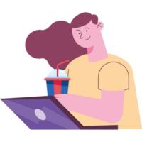 Frau mit Laptop und Soda trinken png