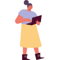 woman standing using laptop png