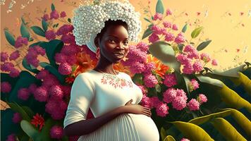 An intimate realistic illustration showing a pregnant african woman and surrounded by beautiful flowers, nature, offering an emotion of peace and connection. photo