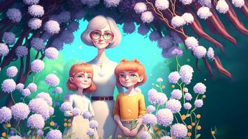 Mother and daughters, beautiful flowers background, Happy Mothers Day Concept . photo