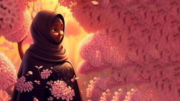 Mother in hijab, An intimate realistic illustration showing a pregnant woman and surrounded by beautiful flowers, nature, offering an emotion of peace and connection. photo