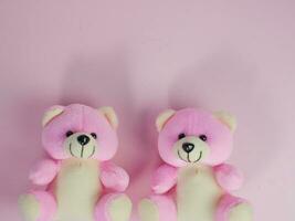 Lovely pink bear doll on pink background. adorable pink bear for decorative. with copy space for text photo