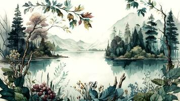 Water Color Wallpaper of Forest Landscape with Lake, Plants, Trees. AI-Generated photo