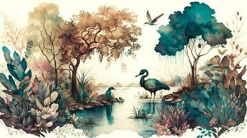 Water Color Wallpaper of Forest Landscape with Lake, Plants, Trees. AI-Generated photo