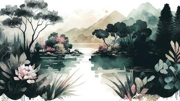 Water Color Wallpaper of Forest Landscape with Lake, Plants, Trees. AI-Generated photo