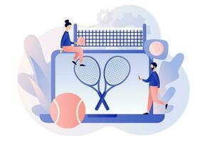 Tennis court, tennis rackets and balls. Sport club online. Group activity, training. Championship and tournament. Modern flat cartoon style. Vector illustration on white background