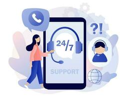 Customer service in smartphone app. Call center. Online support 24-7 concept. Hotline operator in headset consults client. Modern flat cartoon style. Vector illustration on white background