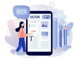 Web UI-UX design. Mobile app development, application design online, coding, web building concept. Modern flat cartoon style. Vector illustration on white background