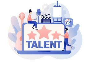 Talent - text on laptop screen. Talented tiny people. Super star. Open your potential. Modern flat cartoon style. Vector illustration on white background