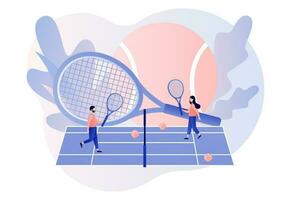 Tiny people with tennis rackets and balls play on tennis court. Sport club, group activity, training. Championship and tournament. Modern flat cartoon style. Vector illustration on white background