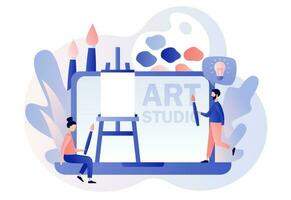 Artist. Art school or studio online. Tiny people artists with canvas on easel on laptop screen, pallete and brushes. Art workshop. Create picture. Modern flat cartoon style. Vector illustration