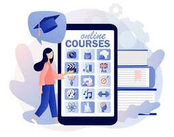 Online courses. E-learning concept. Distance education. Tiny woman learn, watch webinars online in smartphone app. Modern flat cartoon style. Vector illustration on white background