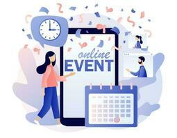 Online events -text on smartphone screen. Corporate party, meeting friends and colleagues. Video conference. Tiny people celebration. Modern flat cartoon style. Vector illustration on white background