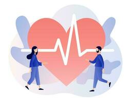 Cardiology treatment and checkup. Heart health and disease. Big heart with pulse rate. Medical concept. Modern flat cartoon style. Vector illustration on white background