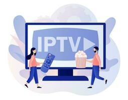 IPTV concept. Internet protocol television. Tiny people watch digital media TV stream with popcorn. Smart multimedia technology. Modern flat cartoon style. Vector illustration on white background