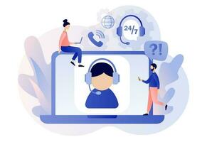 Customer service. Call center. Online support concept. Hotline operator in headset on laptop screen consults client. Modern flat cartoon style. Vector illustration on white background