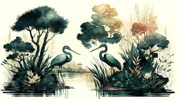 Water Color Wallpaper of Forest Landscape with Lake, Plants, Trees. AI-Generated photo