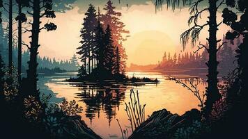 Water Color Wallpaper of Forest Landscape with Lake, Plants, Trees. AI-Generated photo