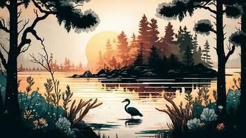 Water Color Wallpaper of Forest Landscape with Lake, Plants, Trees. AI-Generated photo