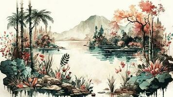 Water Color Wallpaper of Forest Landscape with Lake, Plants, Trees. AI-Generated photo