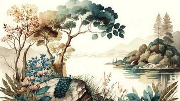 Water Color Wallpaper of Forest Landscape with Lake, Plants, Trees. AI-Generated photo