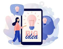 Big idea in smartphone. Light bulb. Tiny woman inspiration developing new business ideas. Innovative lamp. Thinking and brainstorm. Modern flat cartoon style. Vector illustration on white background