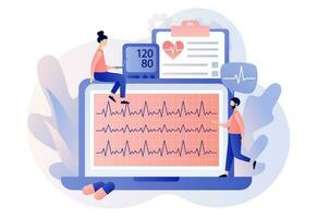 cardiología tratamiento y chequeo. cardiograma en línea en ordenador portátil. corazón salud y enfermedad. sangre presión, legumbres Velocidad y colesterol. médico concepto. moderno plano dibujos animados estilo. vector illustrationn