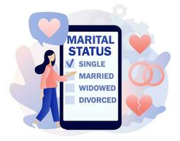 Marital status. Checkbox list with single, married, widowed and divorced options for tiny people. Legal status change. Relationship concept. Modern flat cartoon style. Vector illustration