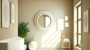 Interior of hallway with mirror, with empty photo frames, and houseplants against beige walls. A lots of natural lights coming through windows.