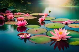 Lotus flowers on the lake surface. AI Generated photo