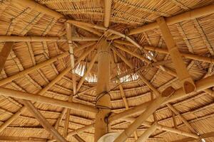 Main bamboo structure with dried palm leaves.  Roof top of dried palm trees photo