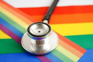 LGBT symbol, Stethoscope with rainbow ribbon, rights and gender equality, LGBT Pride Month in June. photo