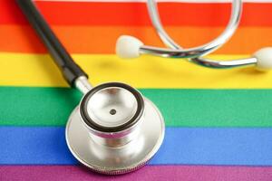 LGBT symbol, Stethoscope with rainbow ribbon, rights and gender equality, LGBT Pride Month in June. photo