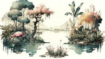 Vintage Water Color Wallpaper of Forest Landscape with Lake, Plants, Trees. AI-Generated, Digital Illustration. photo